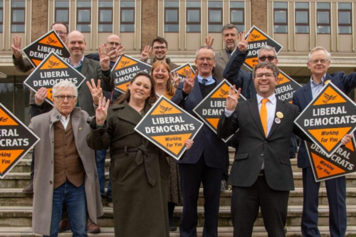 Cllrs at County Hall celebrating the three unitaries result. 