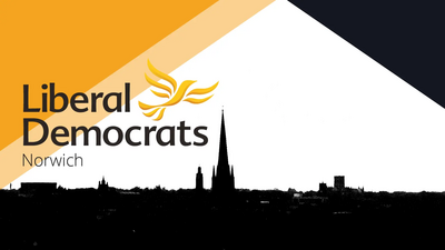 Norwich Lib Dem banner - with a silhouette of the city skyline.